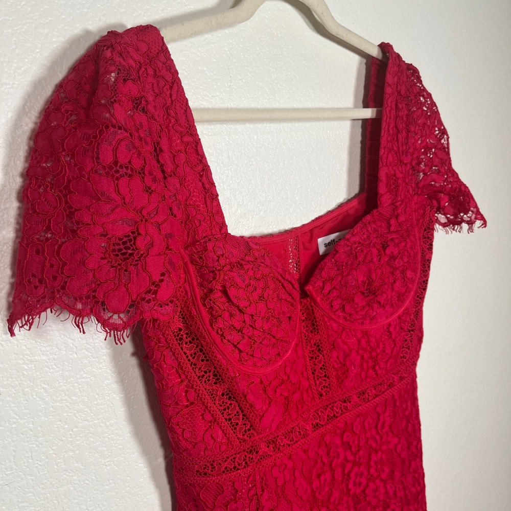 Self-Portrait Red Floral Cord Lace Bustier Midi Dress Cap Sleeve Sweetheart Sz 8 - Picture 7 of 16